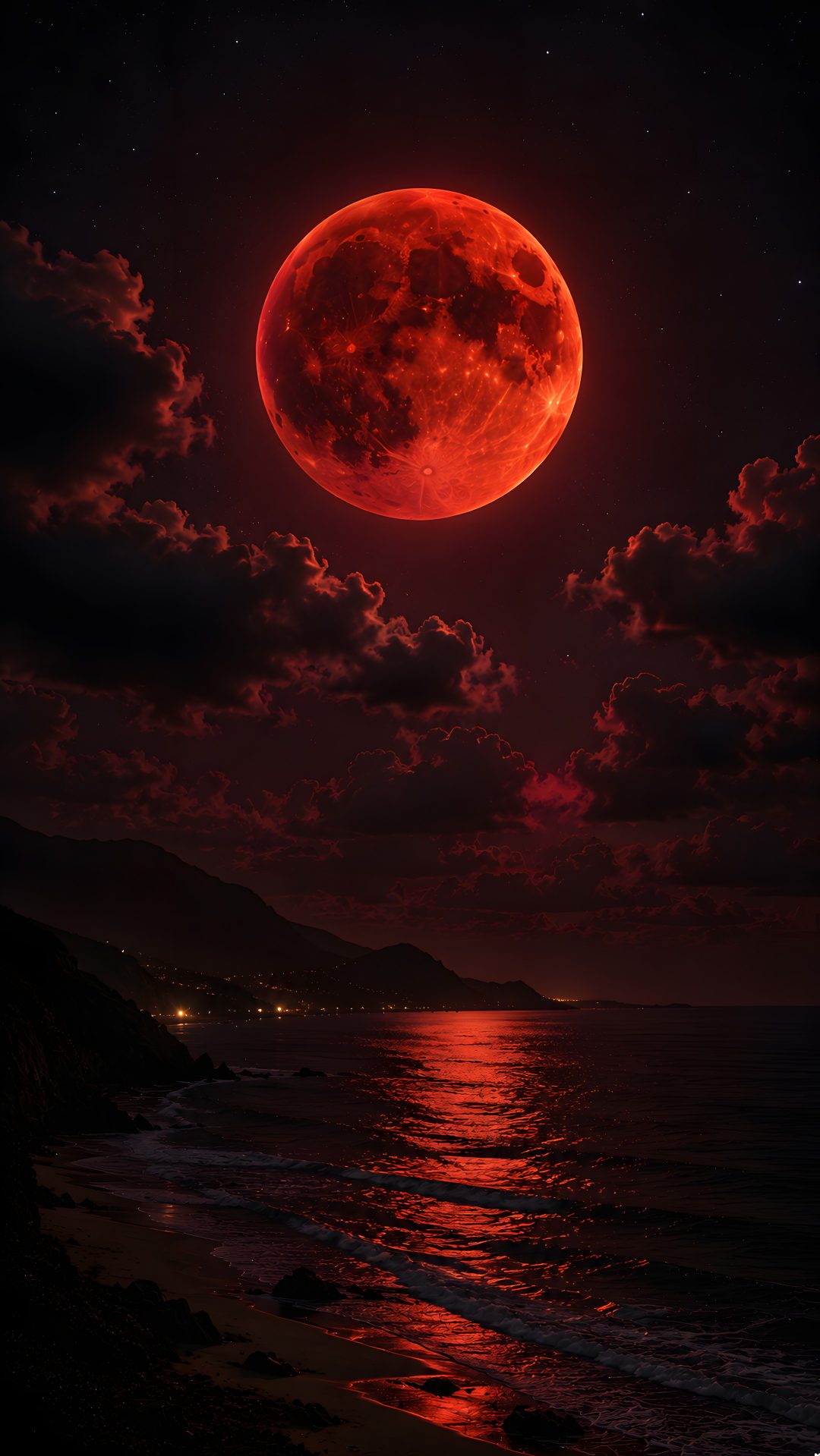 a red full moon over the ocean with clouds in the sky and water below it Red Moon Halloween black