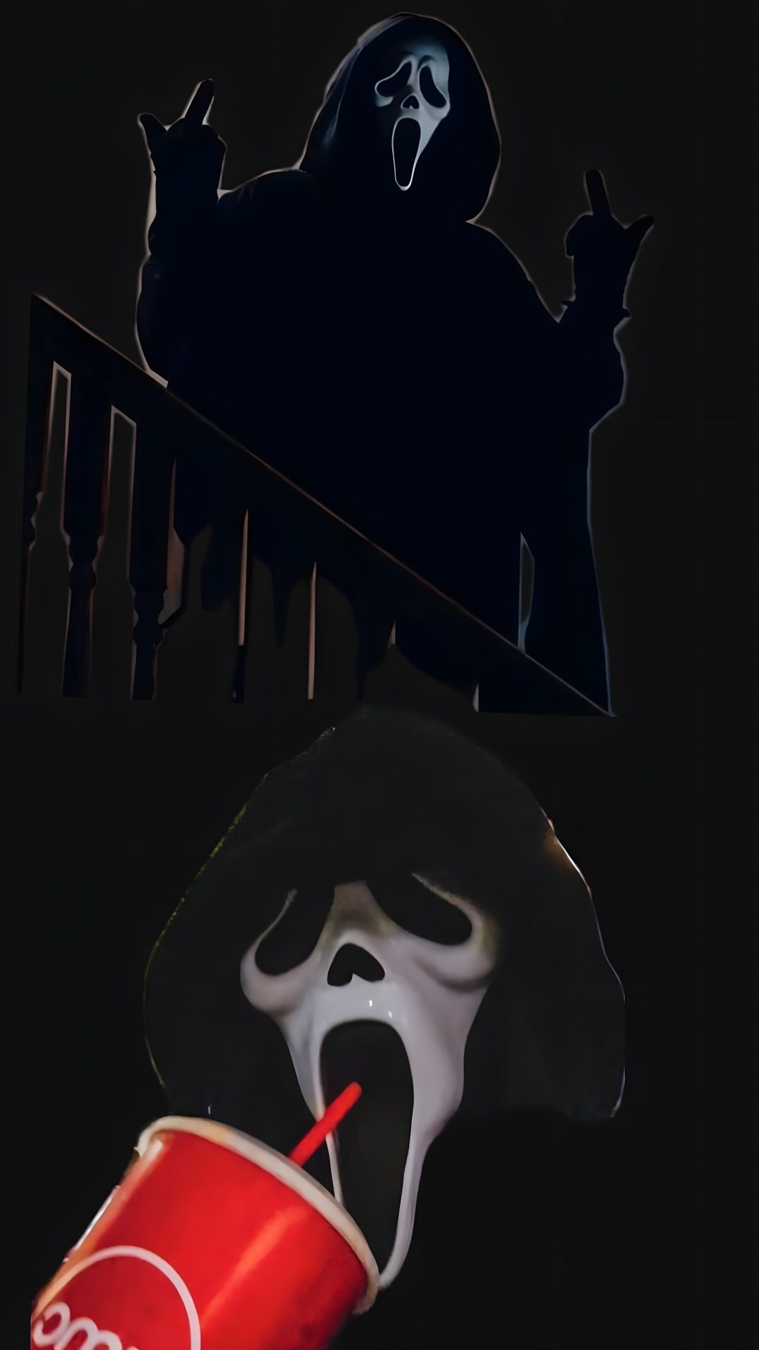 a person in a ghost mask holding a soda cup with a screamy face on it Halloween Scream Funny black
