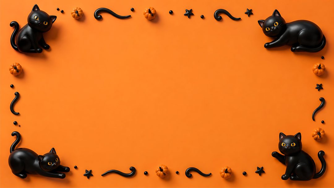 several black cats sitting in the middle of an orange background with stars and swirls Generic Halloween Cat Desktop dark orange