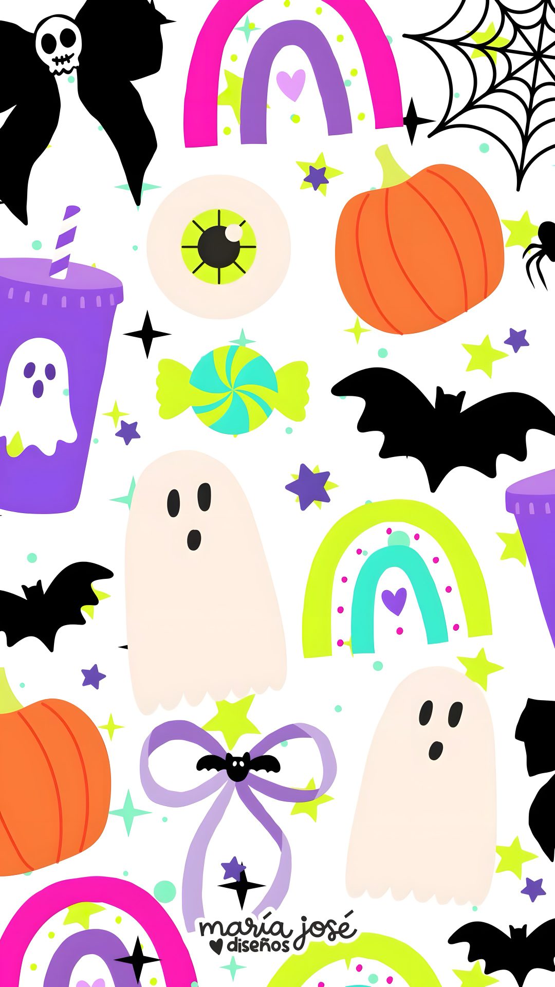 halloween seamless wallpaper with ghost, pumpkins and bats on the white background Rainbow Halloween old lace