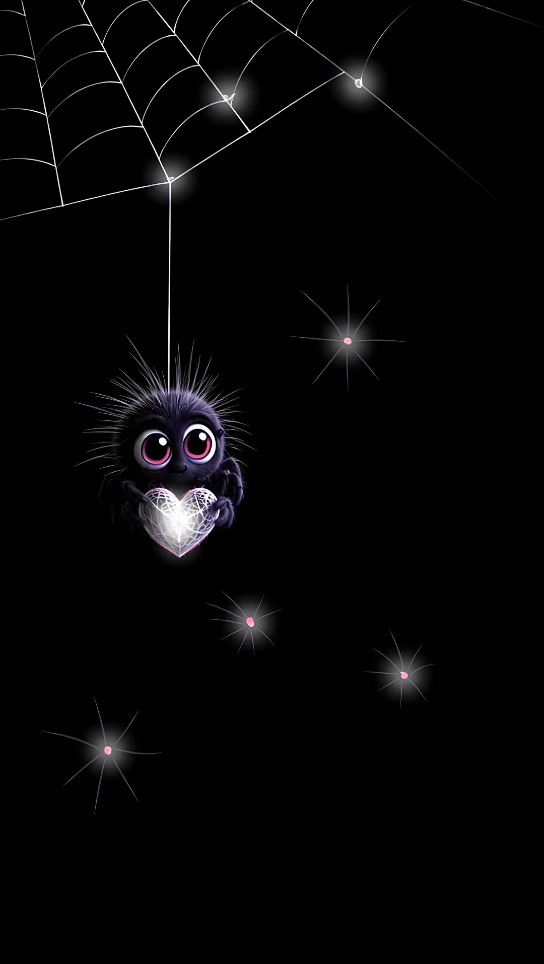 a spider hanging from a web in the dark with its eyes open and glowing on it's face Cute Halloween Spider black
