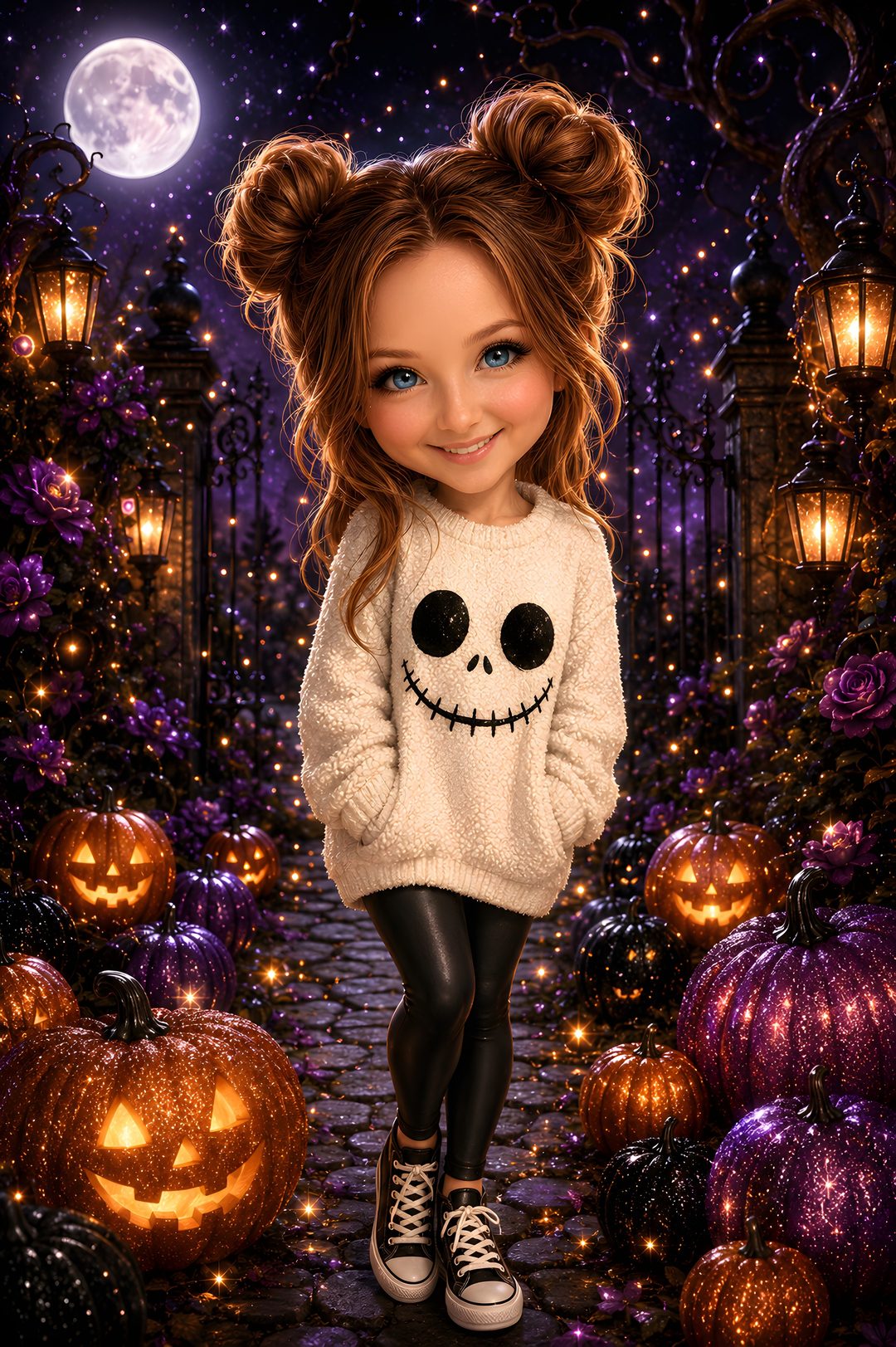 a digital painting of a girl with pumpkins and jack - o'- lanterns in the background Halloween Scary Cute Girl black
