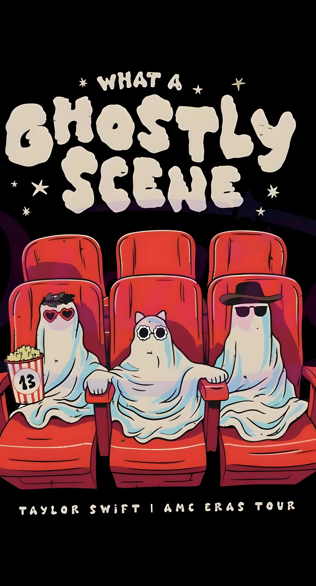 two ghosty men sitting in red chairs with popcorn Halloween Taylor Swift black
