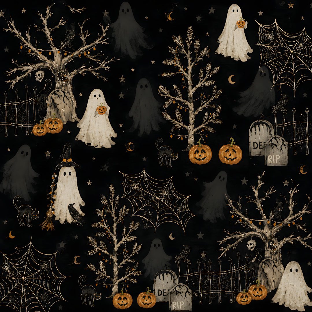 black and white halloween themed fabric with pumpkins, ghost's and trees Halloween Chalkboard black