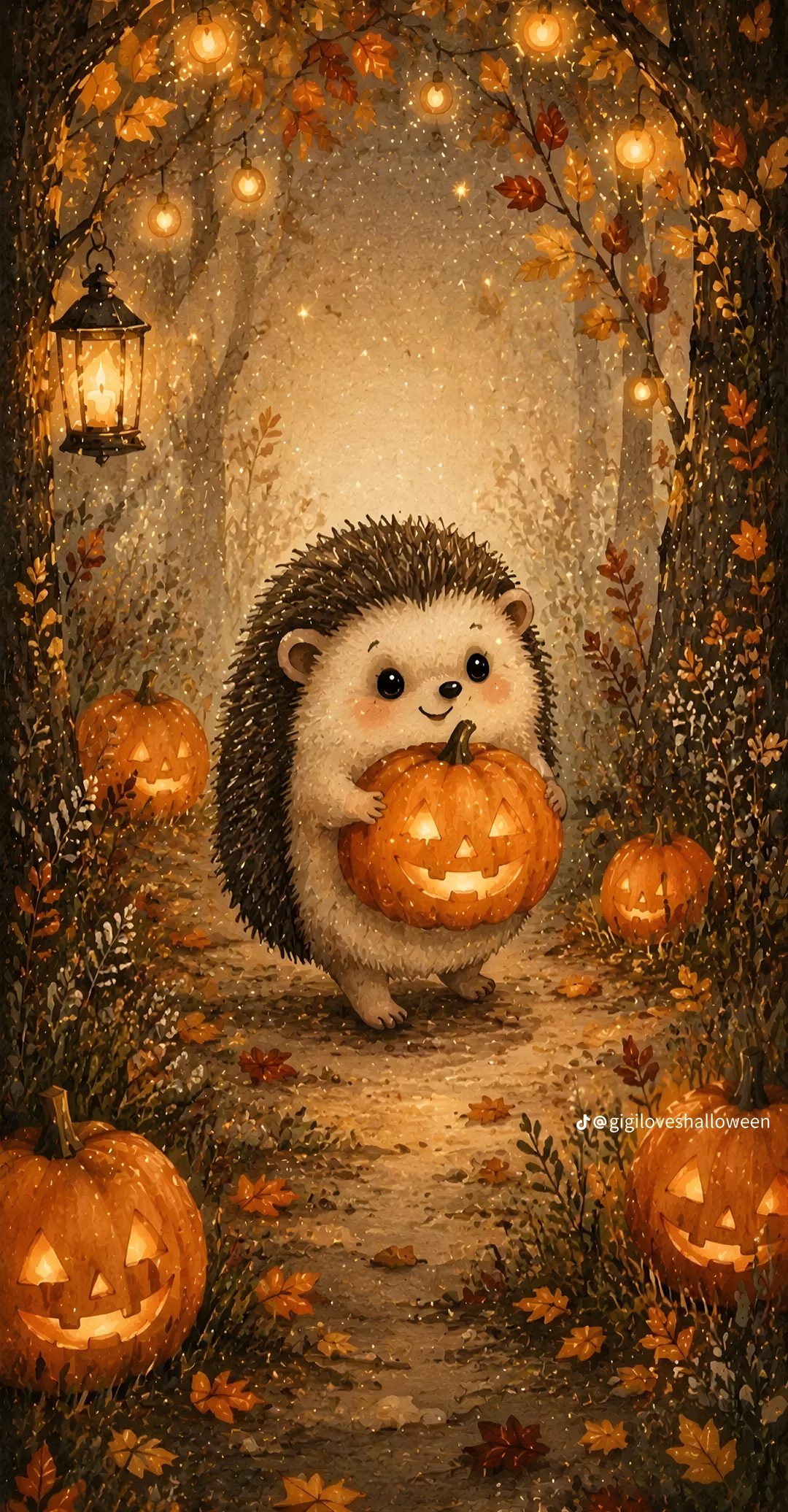 a hedge holding a pumpkin in the middle of a forest with lots of pumpkins Halloween Forest Animals saddle brown