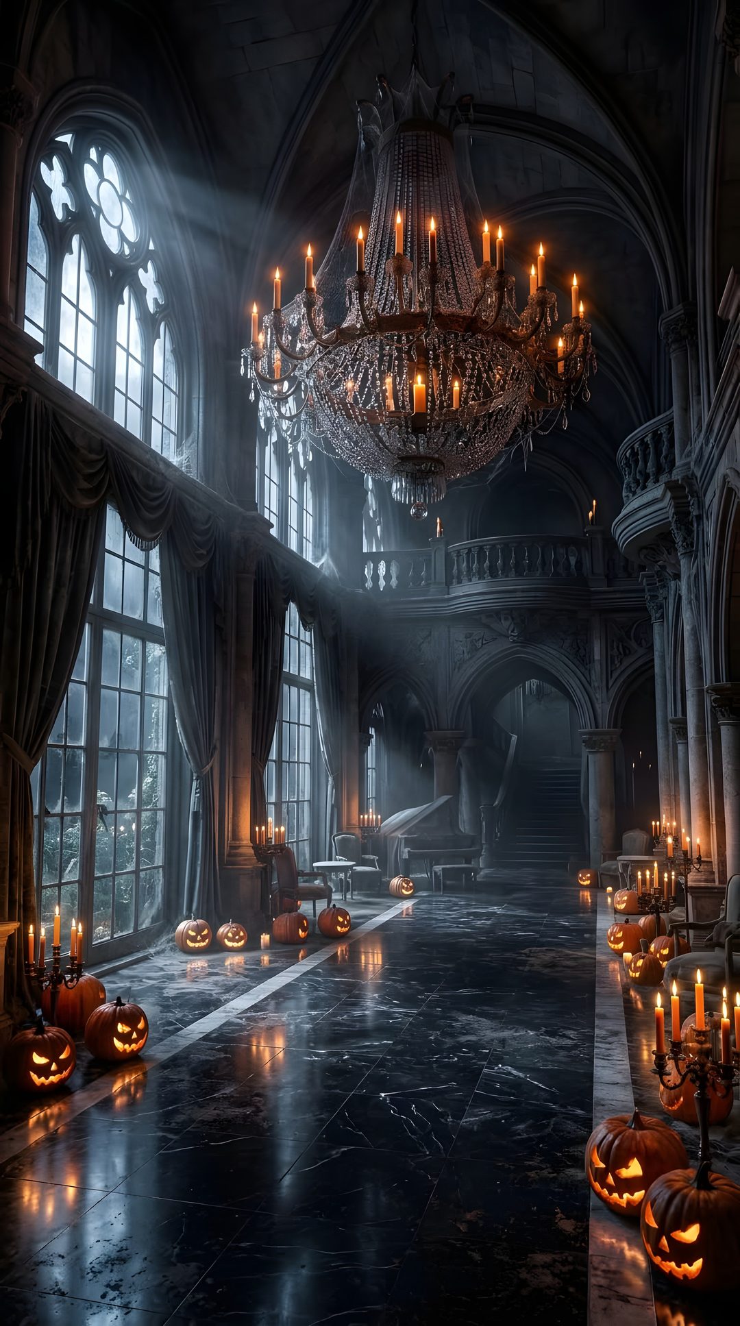 a large hall filled with lots of pumpkins and chandeliers in front of windows Halloween Chandelier dark slate gray