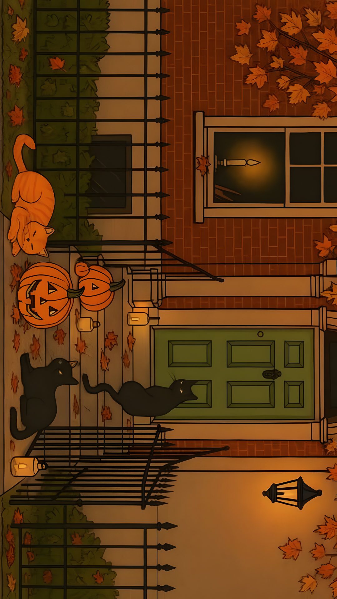 halloween scene with cats and pumpkins on the porch Ipad Halloween Horizontal saddle brown