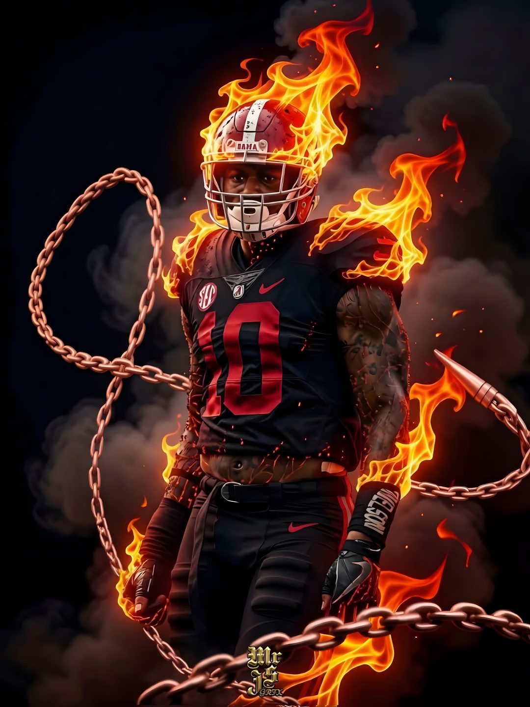 a football player with flames in the background Cool Halloween Football black