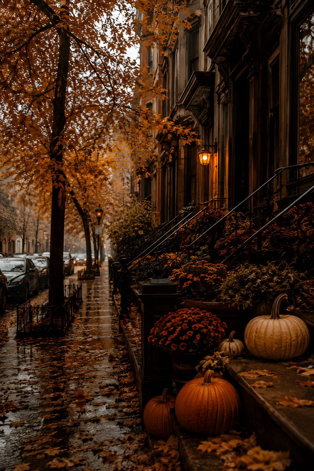 an autumn scene with pumpkins and leaves on the ground in front of a row of buildings Autumn Aesthetic Autumn Halloween black
