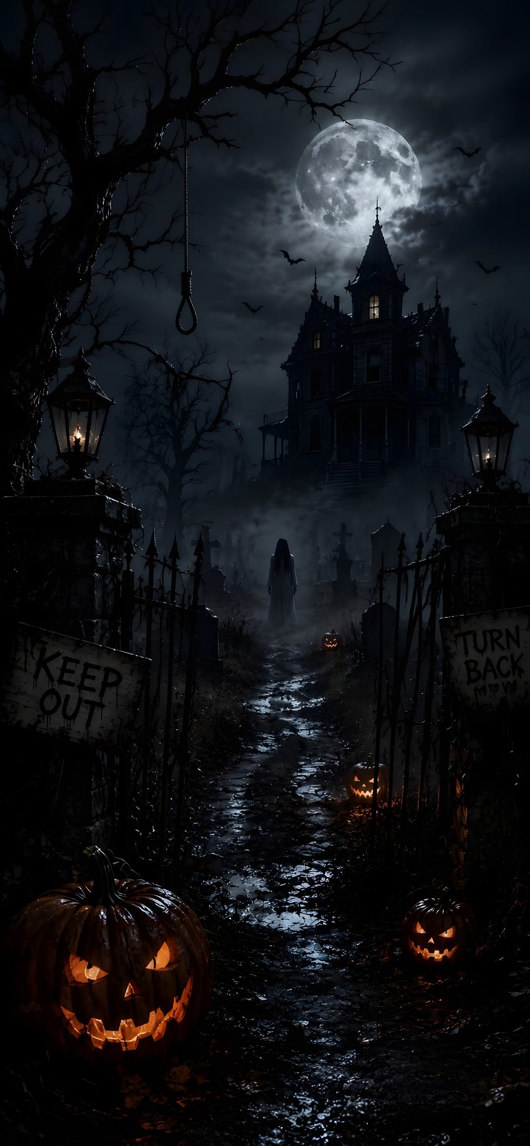 a creepy halloween scene with pumpkins in the foreground and a scary castle in the background Halloween Nightmare black