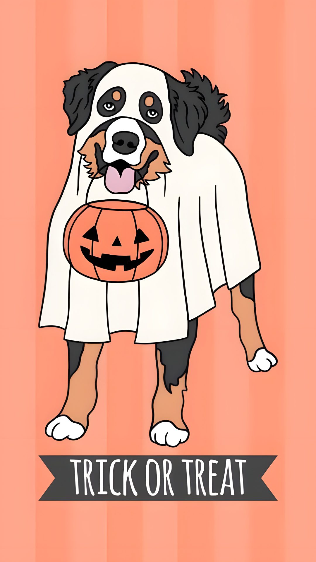 a dog with a trick or treat on it's chest, holding a jack o lantern Cute Halloween Dog Cartoon light salmon