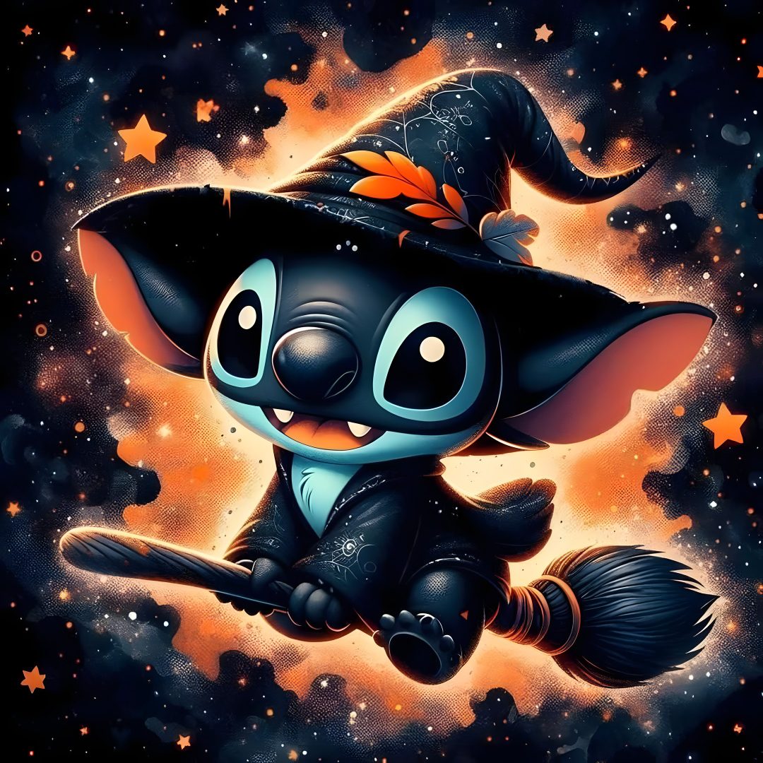 a cartoon character in a witches hat flying through the air Halloween Stitch Disney black