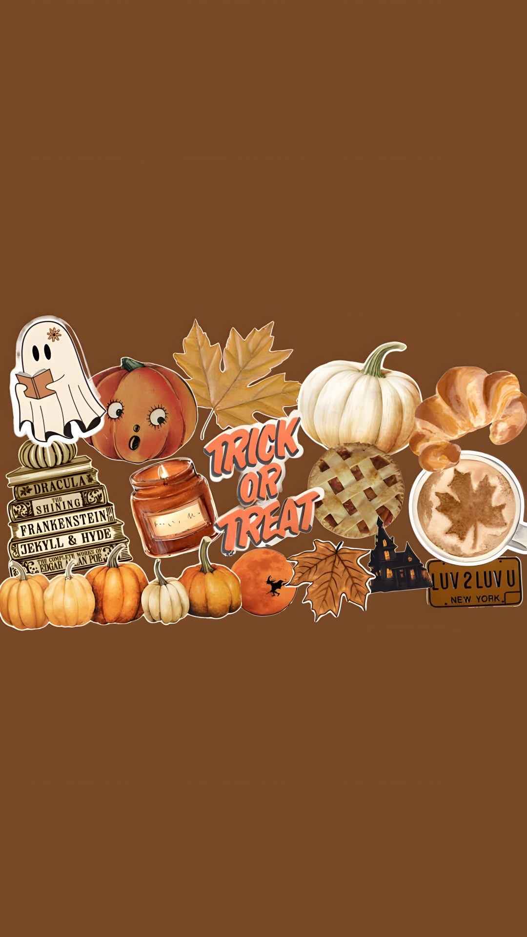 a brown background with pumpkins, cookies and other fall items on top of it Halloween Treats saddle brown