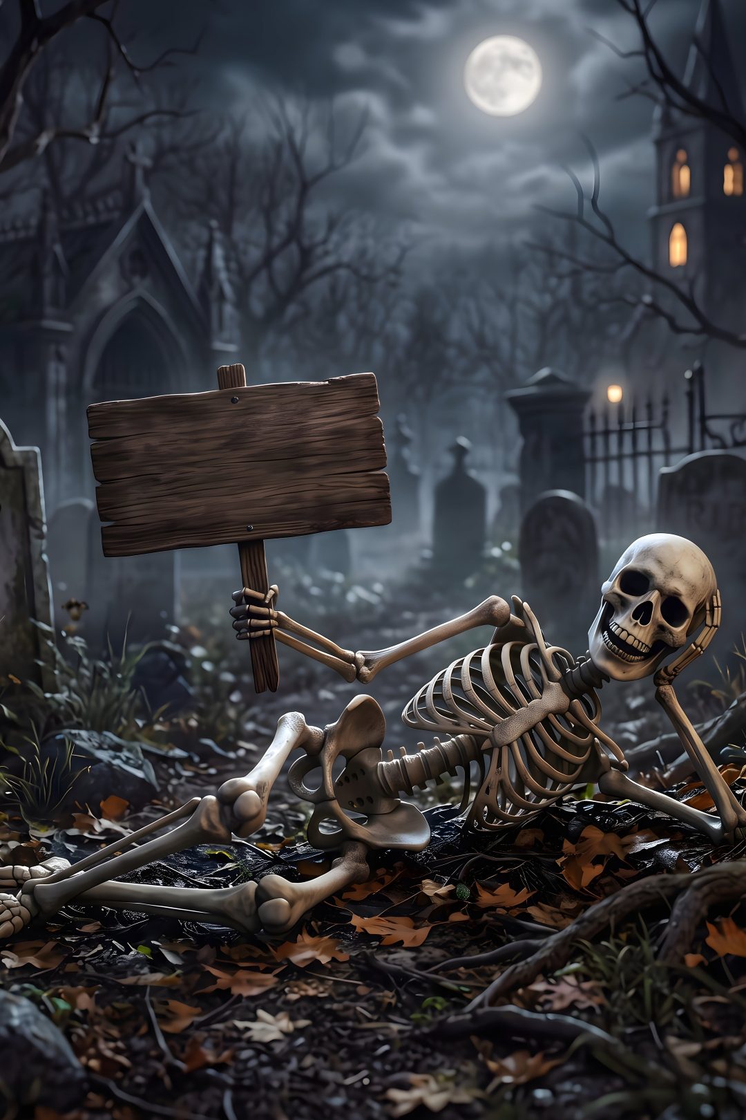 a skeleton sitting on the ground holding a sign Halloween Skeletons dark slate gray