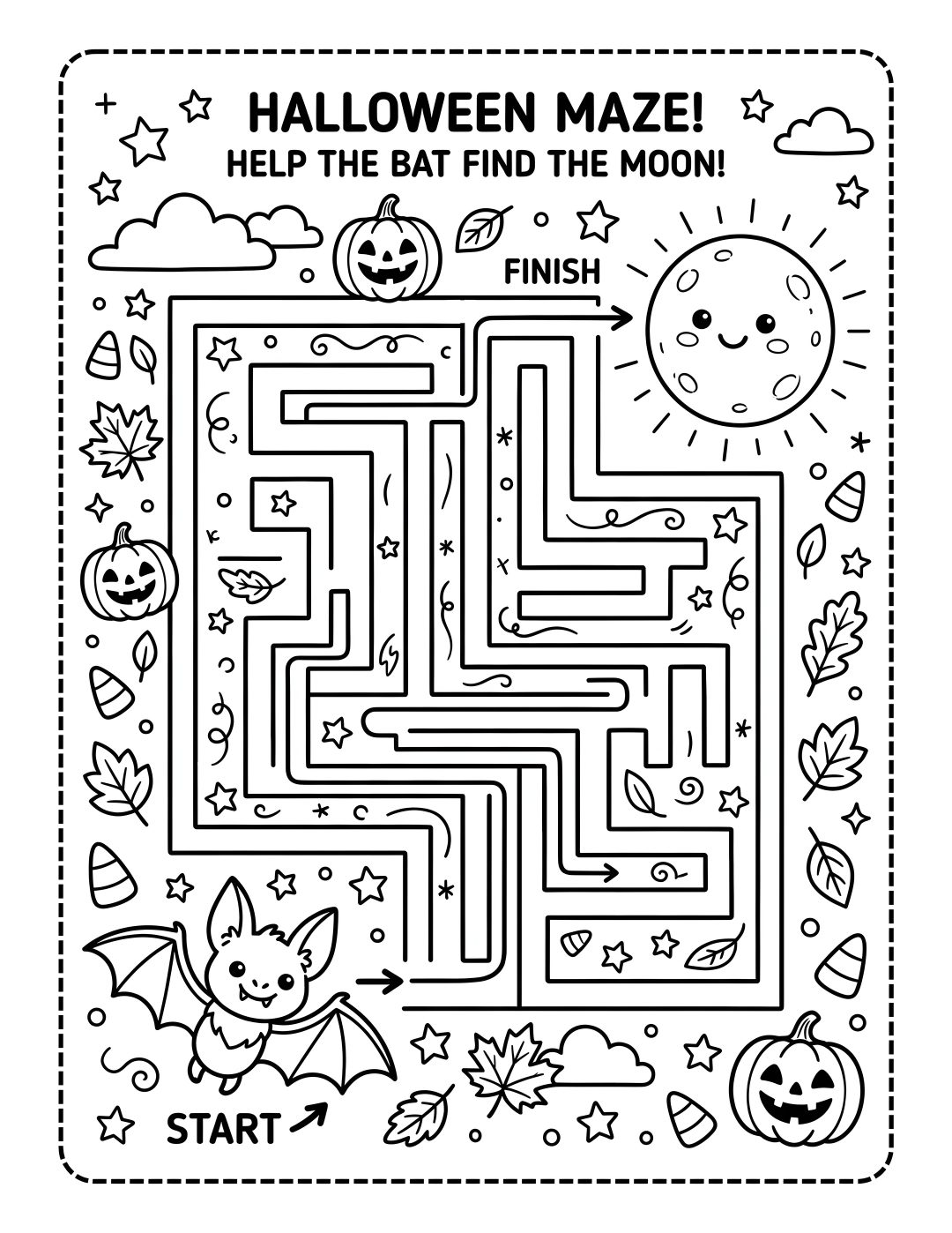 a halloween maze with pumpkins, bats and other items to help kids find the right way Halloween Maze Otomi Embroidery Playmat white