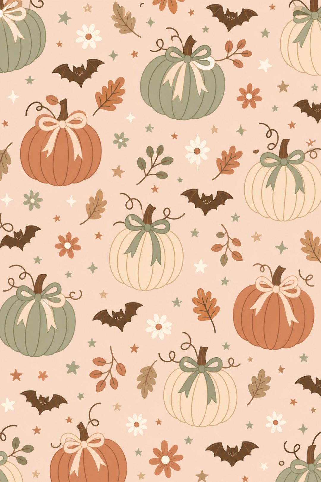 a pattern with pumpkins and bats on a pink background for wallpaper or fabric Pastel Halloween Medium-pumpkin Patch peach puff