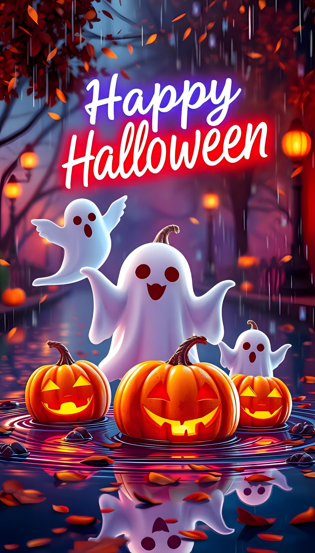 happy halloween card with ghost and pumpkins in the water on a rainy day, surrounded by falling leaves Happy Halloween 2025 dark slate gray