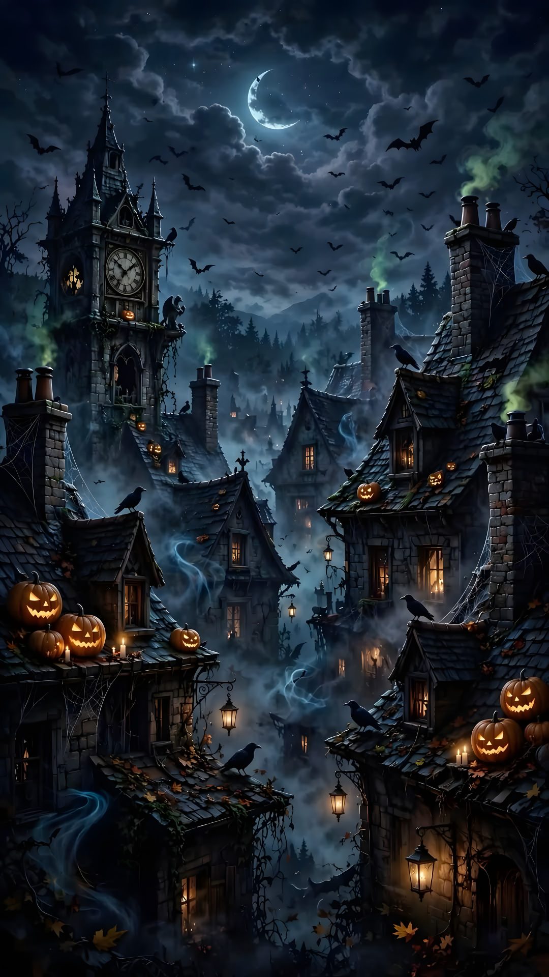 an image of a halloween scene with pumpkins in the air and buildings lit up at night Halloween Creepy black