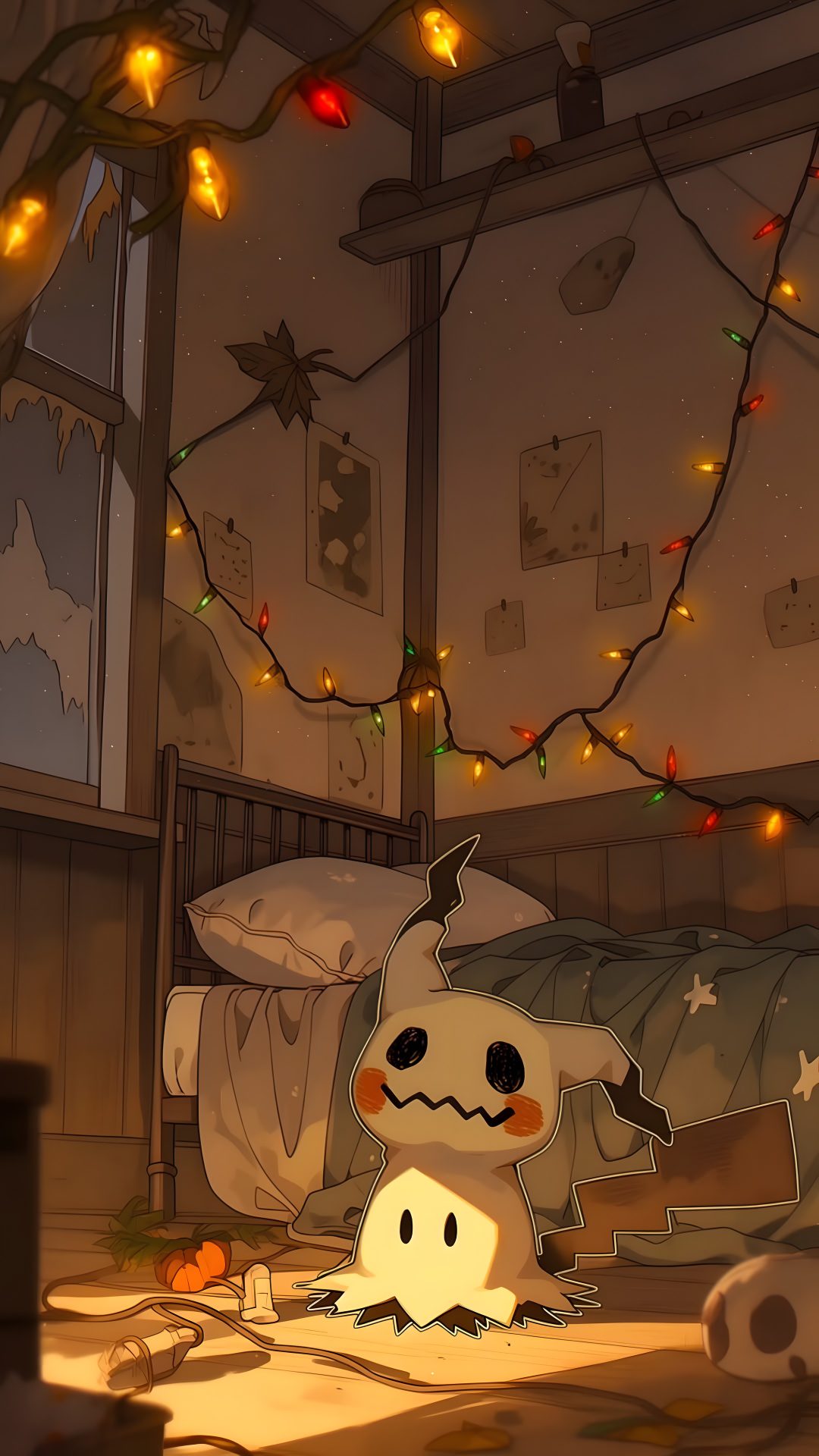 a cartoon character laying on the floor in a room with christmas lights strung all around Pokemon Halloween dark olive green