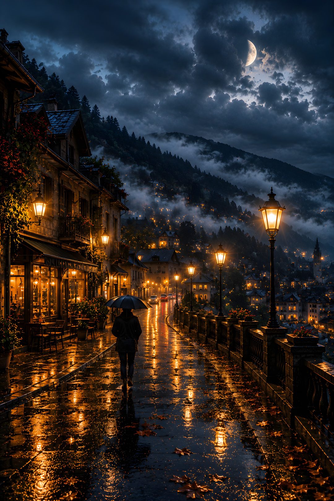 a person holding an umbrella walking down a street at night with the moon in the background Rainy Halloween Night Sky Cabin, black