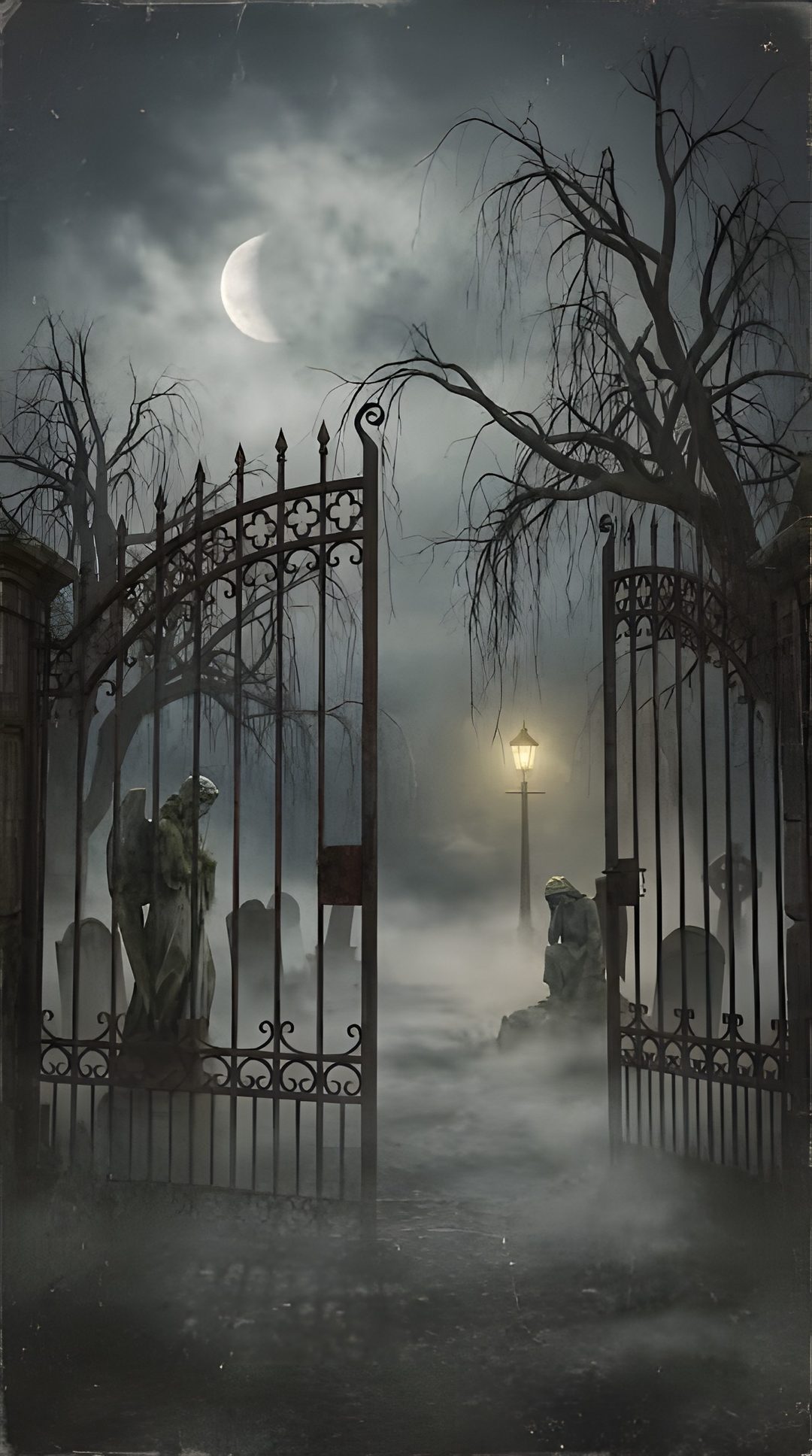 an old cemetery gate with fog and creepy tombstones in the foreground, at night Halloween Graveyard dark slate gray