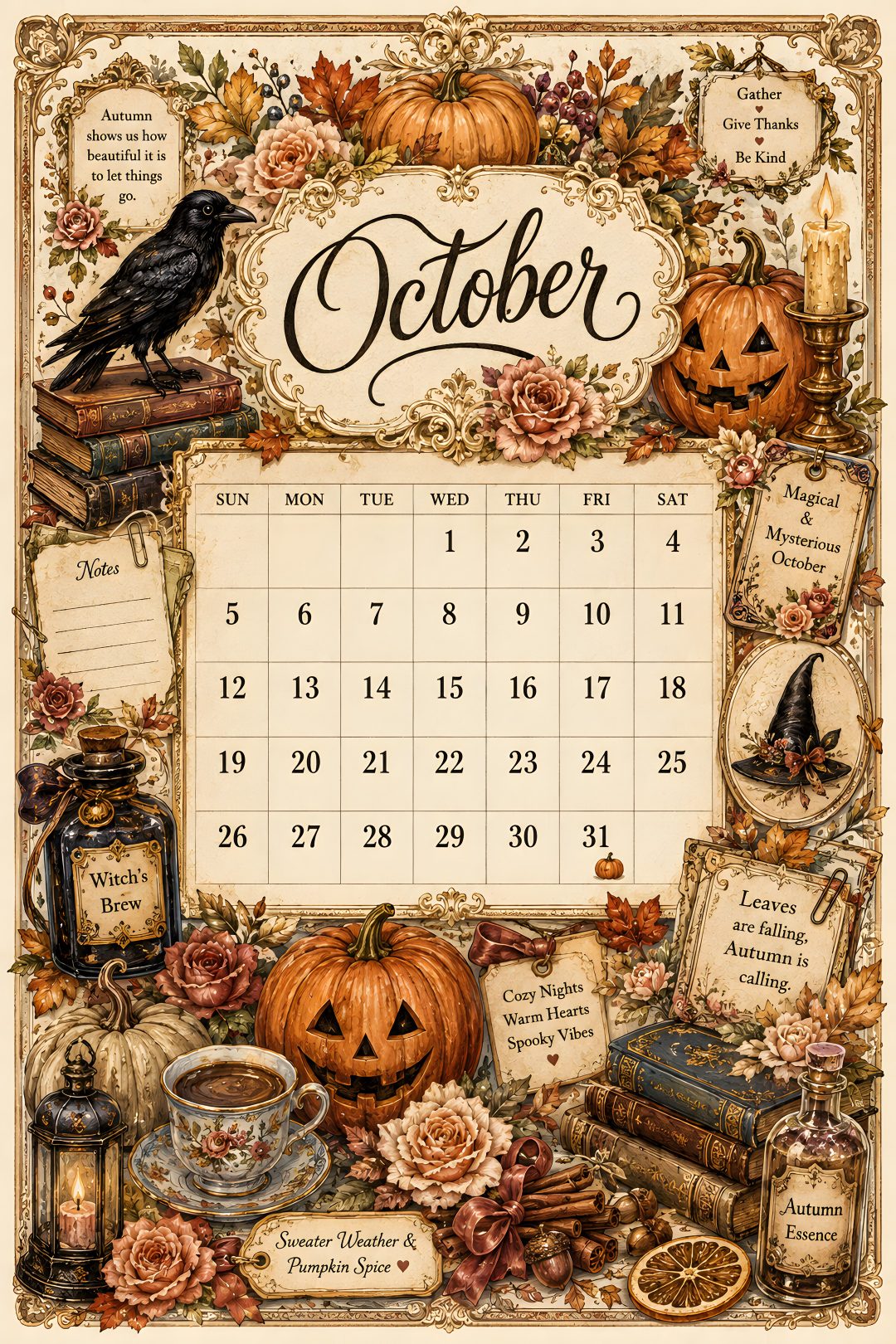 an october calendar with pumpkins, books and other items on the cover is shown Halloween Calendar dark salmon