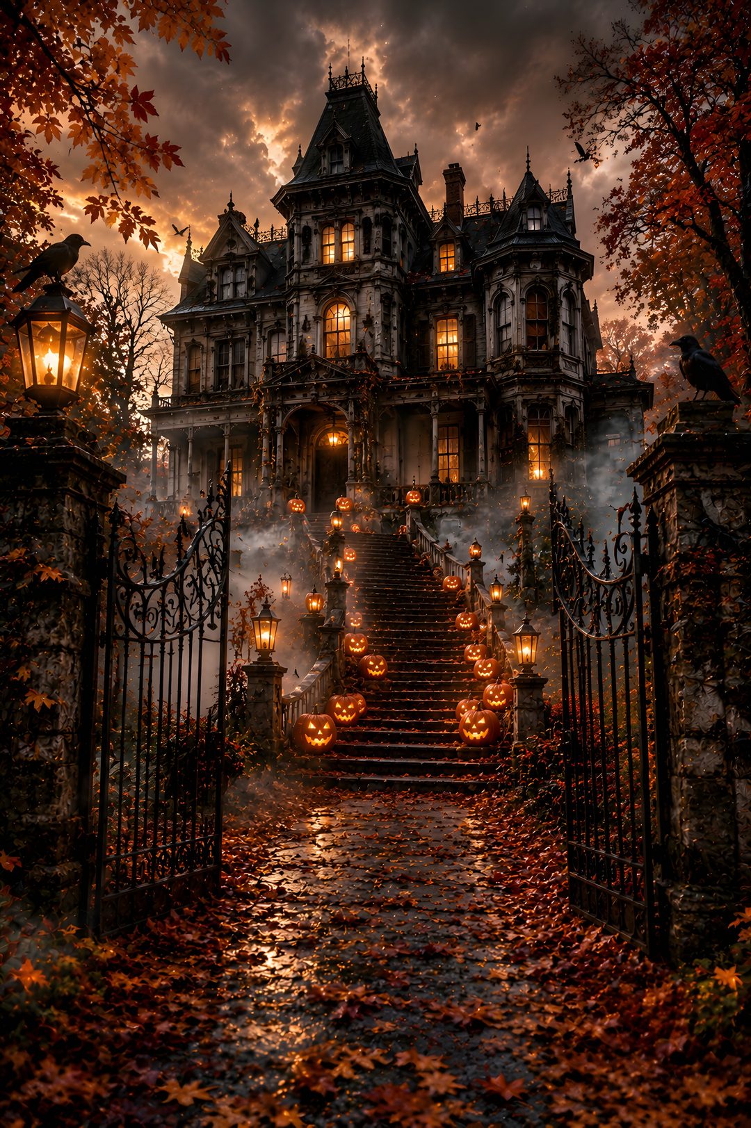 a large house with lots of lights on it's front door and stairs leading up to the entrance Halloween Mansion black