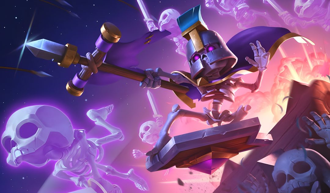 an image of some cartoon characters in the air with skulls and bones around them on a purple background Clash Royale Halloween dark slate blue