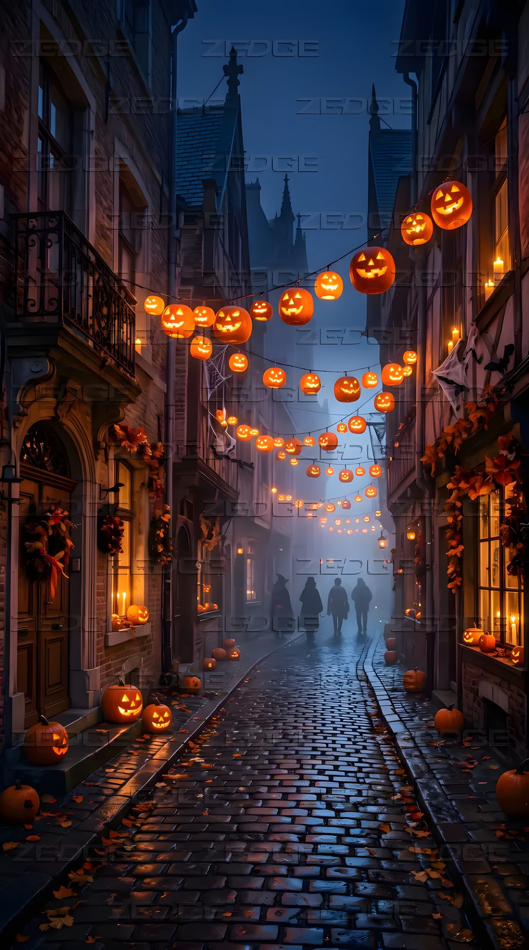 people are walking down the street with pumpkins hanging from it's windows at night Halloween 5k Ideas dark slate gray