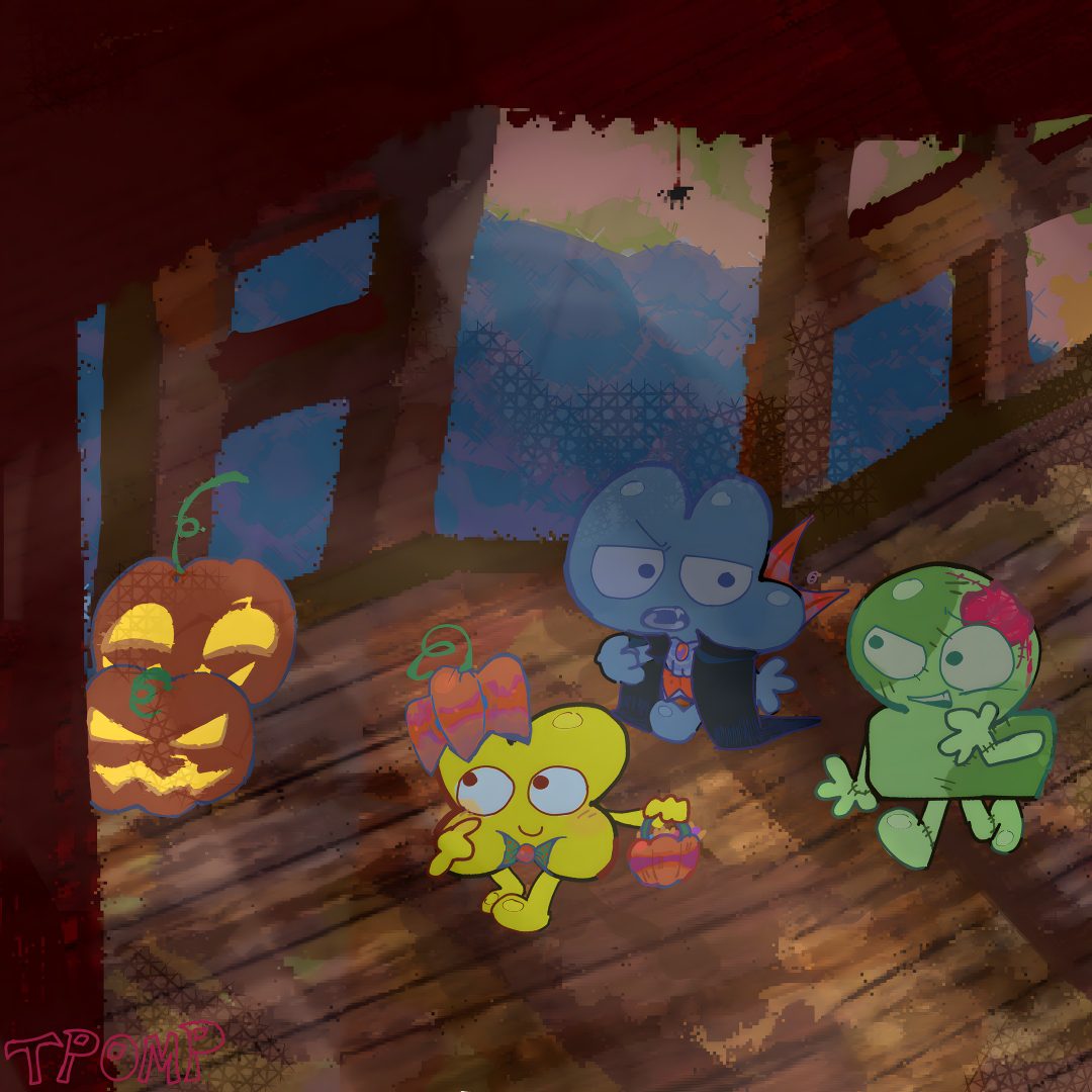 some cartoon characters are standing in front of a wall with pumpkins and jack - o'- lantern faces on it Bfdi Halloween dark slate gray