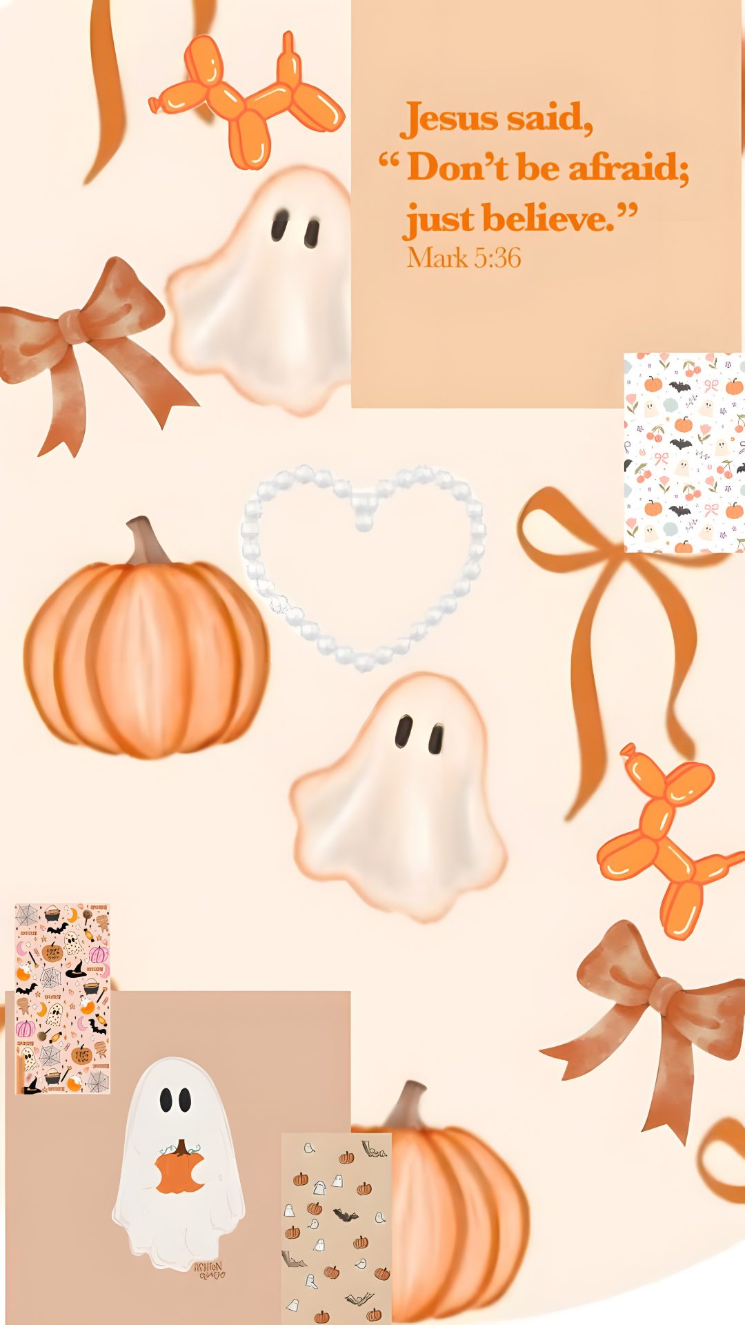 an orange and white halloween card with ghost, pumpkins, and other decorations on it Cute Christian Halloween antique white