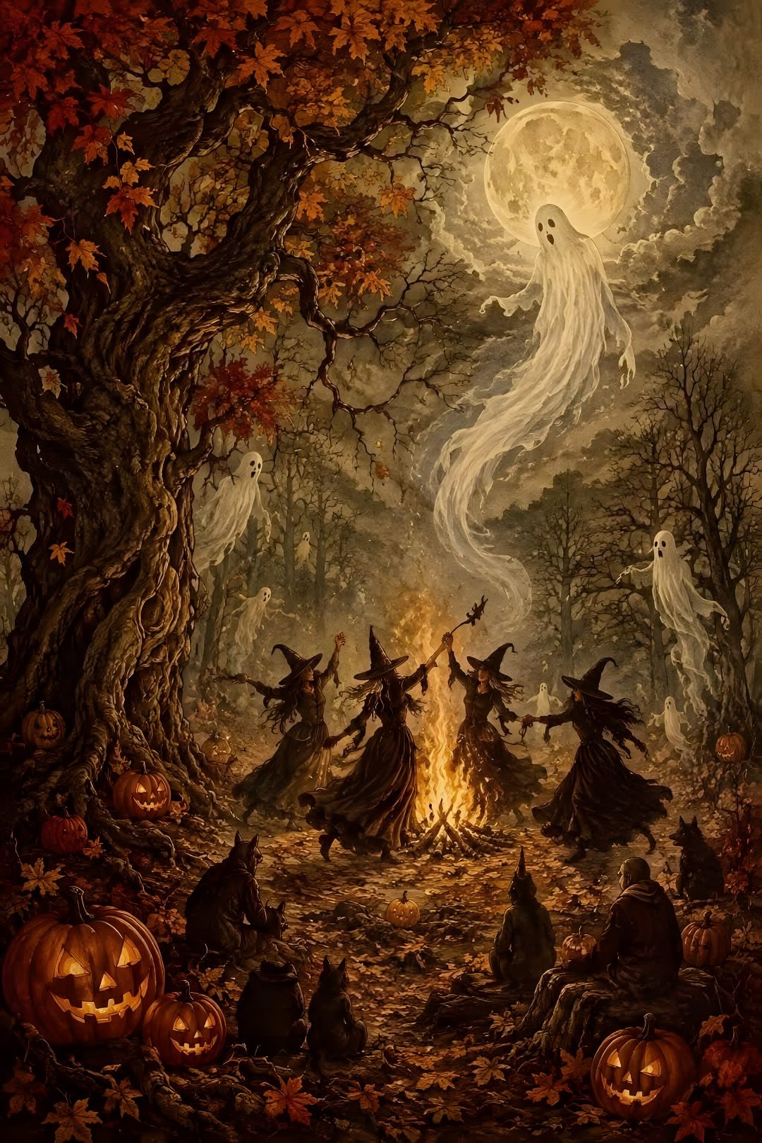 a painting of witches and pumpkins in the woods Vintage Halloween Witch saddle brown