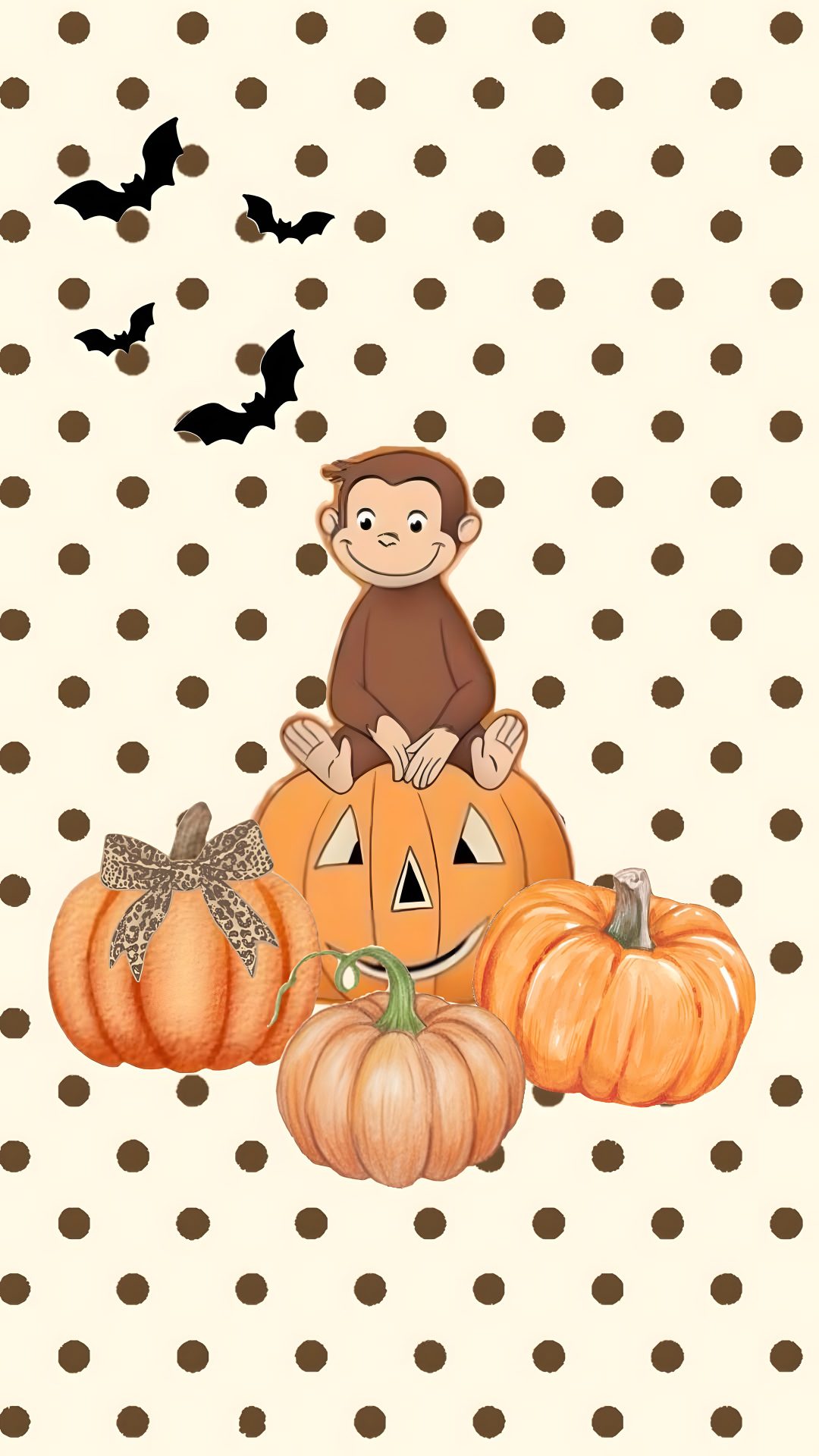 a monkey sitting on top of pumpkins with bats in the background and polka dots Curious George Halloween old lace