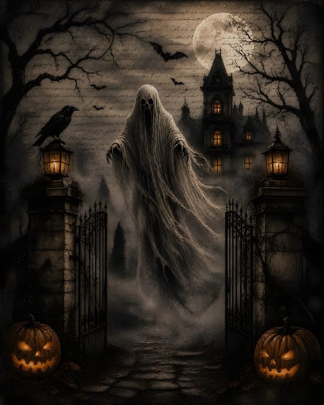 a creepy ghost in front of a gate with pumpkins Old Scary Horror Halloween black
