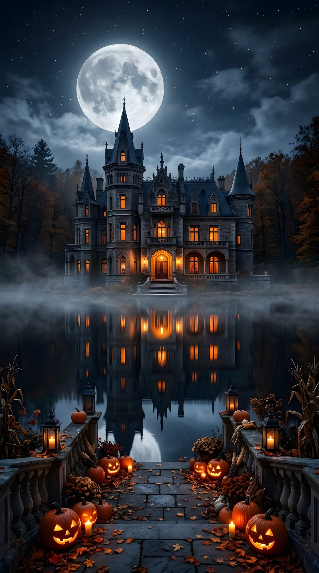 a castle with pumpkins in front of it at night Halloween Mansion dark slate gray