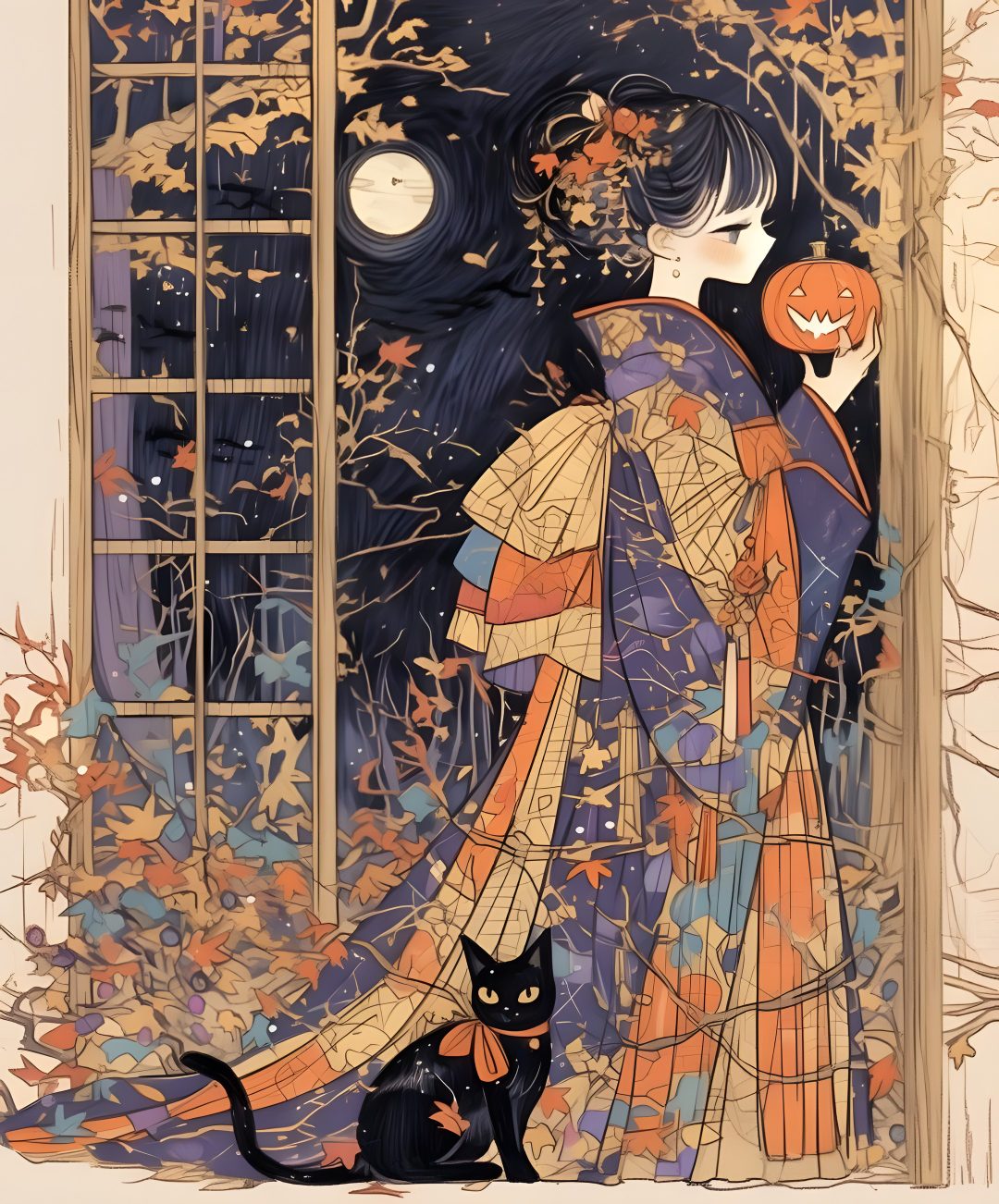an illustration of a woman and her cat in front of a window with pumpkins on it Japanese Halloween Halloween, gray