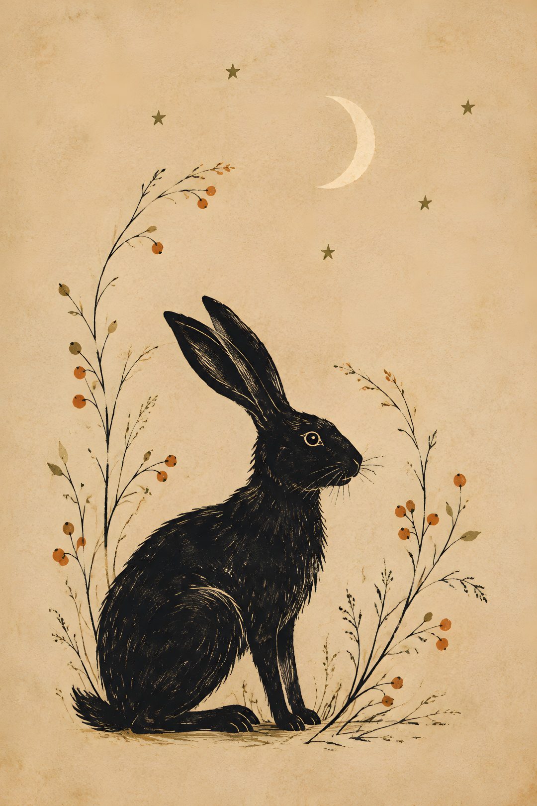 a black rabbit sitting on top of a grass covered field next to a moon and stars Halloween Rabbit burlywood