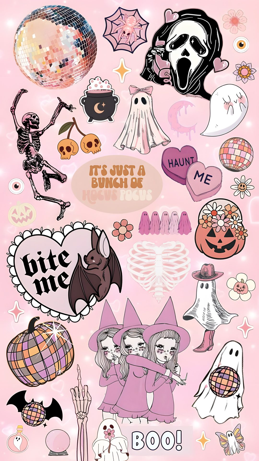 a pink background with various stickers on it Pink Halloween Collage misty rose