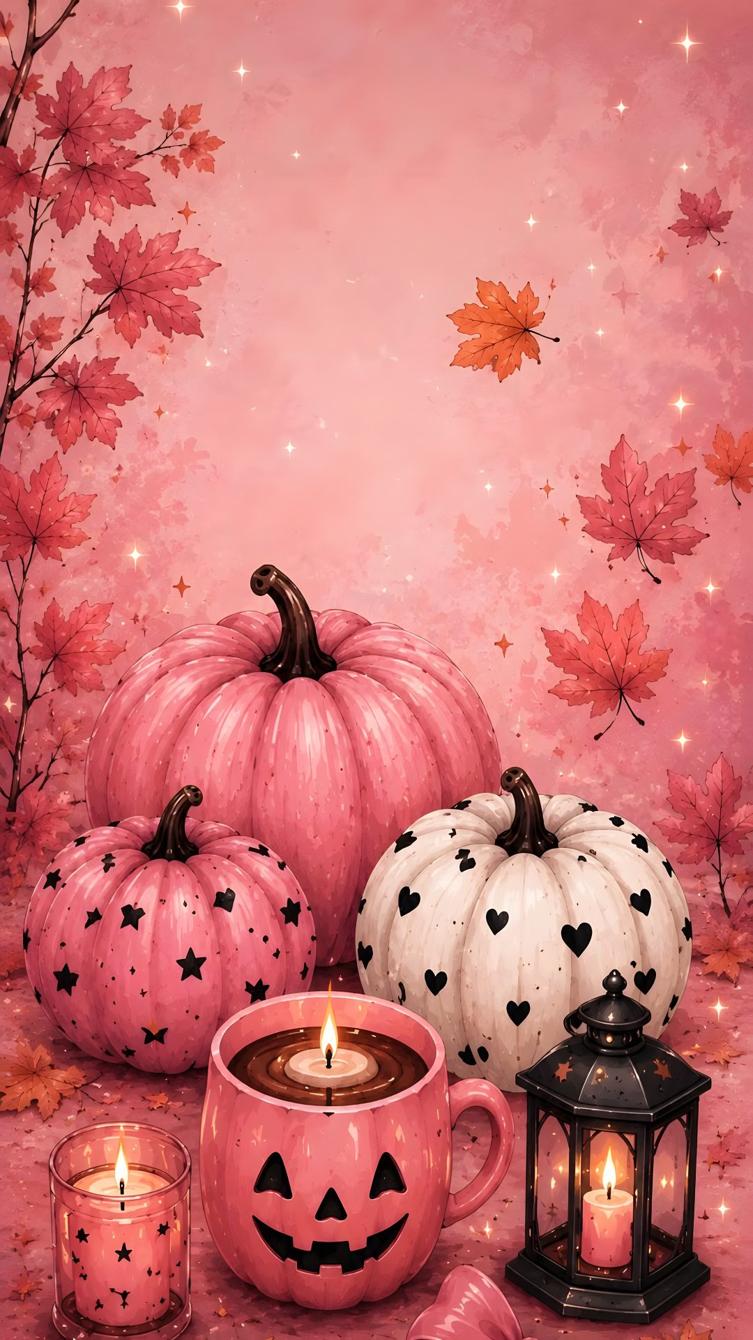 a painting of pumpkins and candles on a pink background with fall leaves around them Pink And Orange Halloween light coral