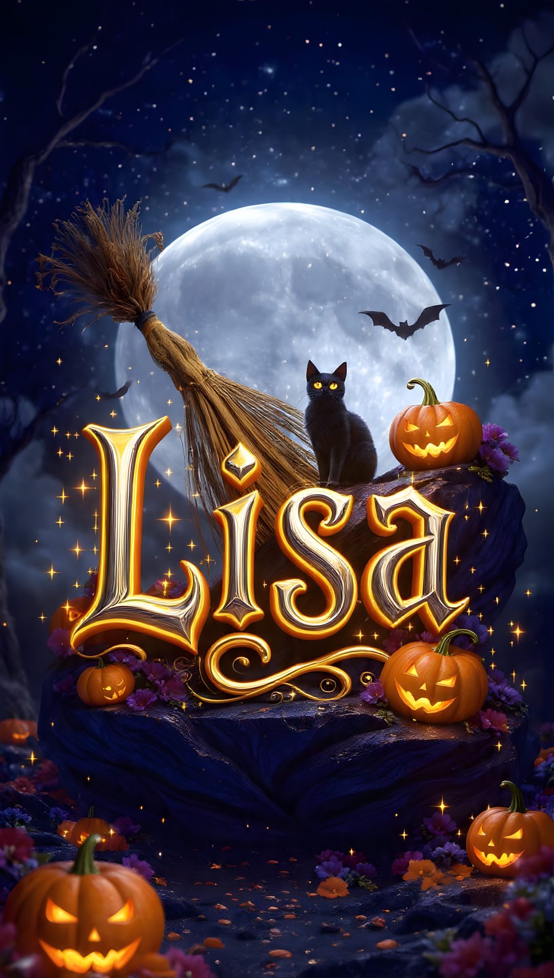 a black cat sitting on top of a pumpkin with the word lisa written in it Halloween Name People Names, dark slate gray