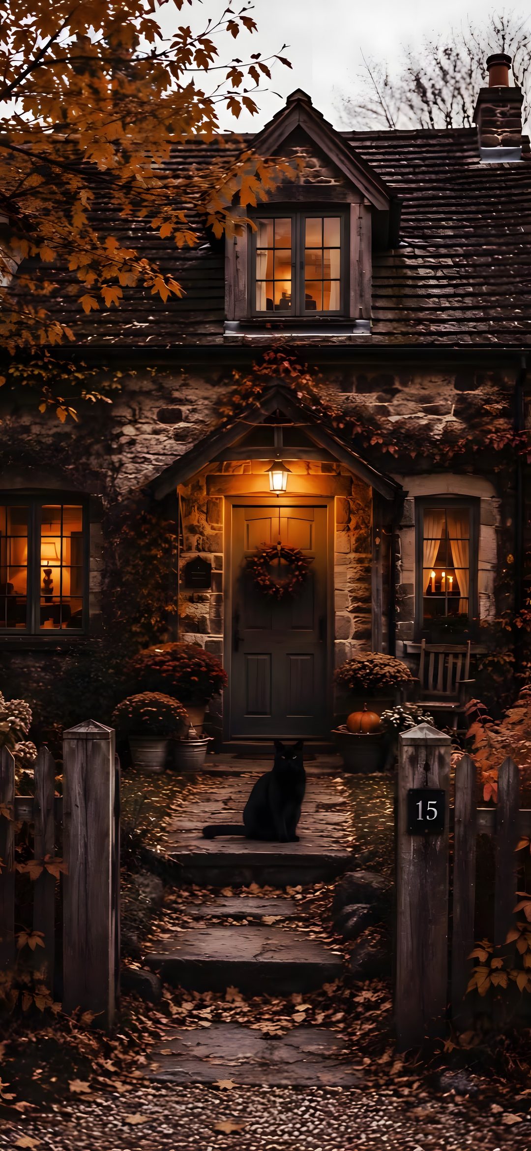 a black cat sitting in front of a house with autumn leaves on the ground and trees around it Autumn Halloween Aesthetic black