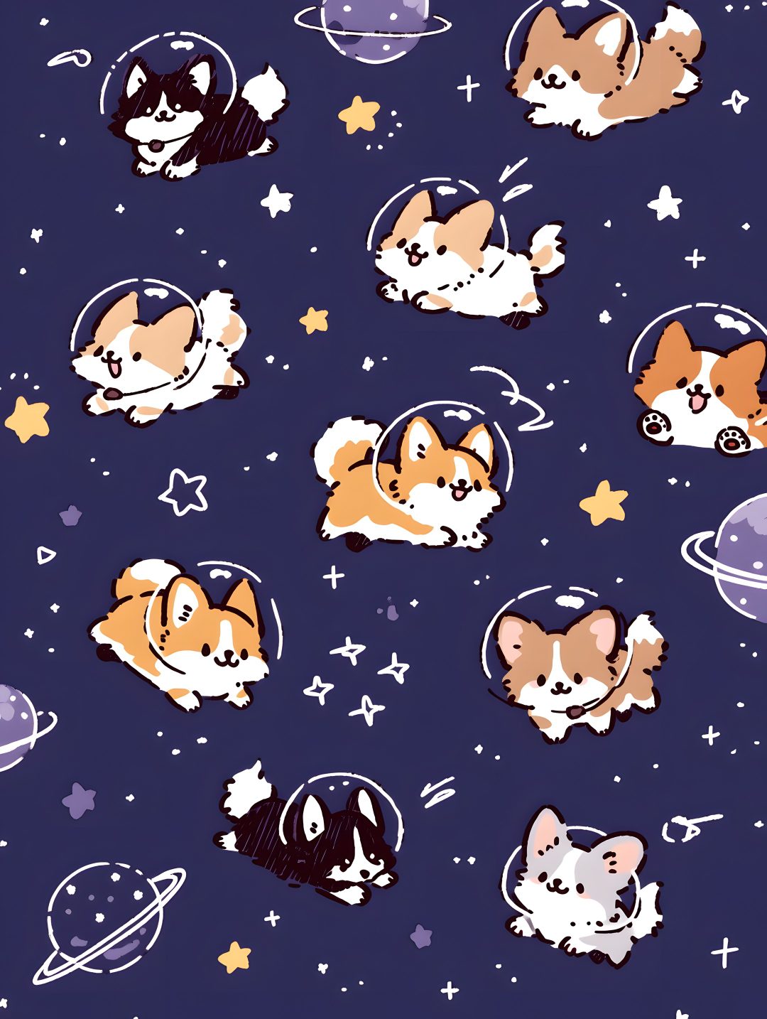 an image of small dogs in space with stars and planets Halloween Corgi Pattern Interstellar, midnight blue