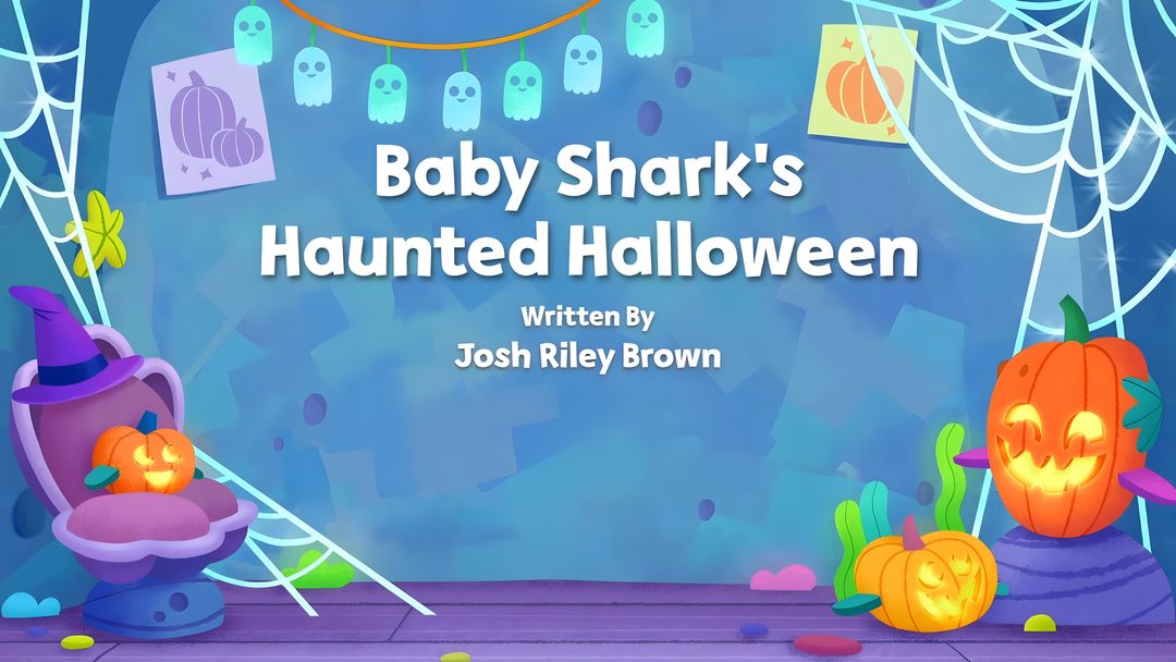baby shark's halloween themed children's book cover with pumpkins and other decorations Baby Shark Halloween Halloween Haunt, Baby Shark, Big Show, Halloween, Season 1, steel blue