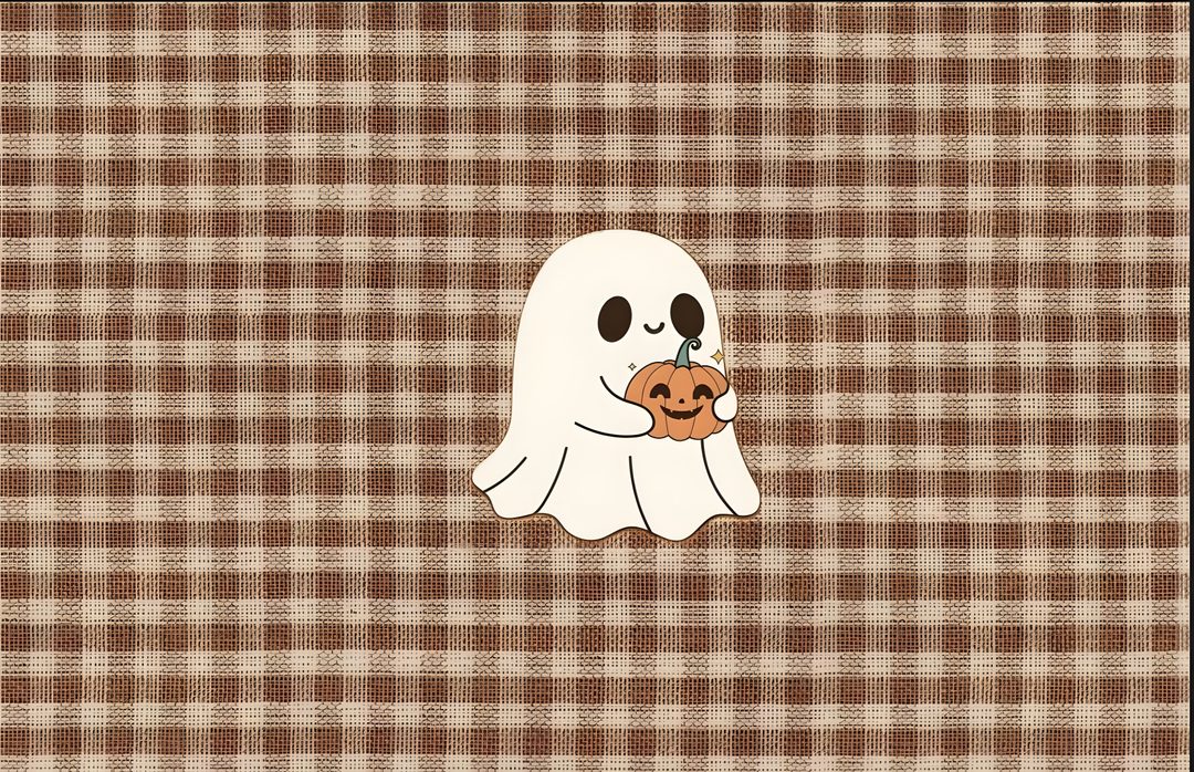 a white ghost with a pumpkin in its mouth on a brown checkered table cloth Aesthetic Cute Halloween For Ipad Fall Background, rosy brown