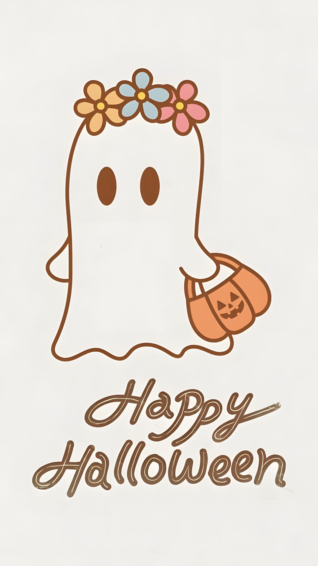 a ghost with a flower in her hair holding a candy bag and smiling at the camera Preppy Happy Halloween linen