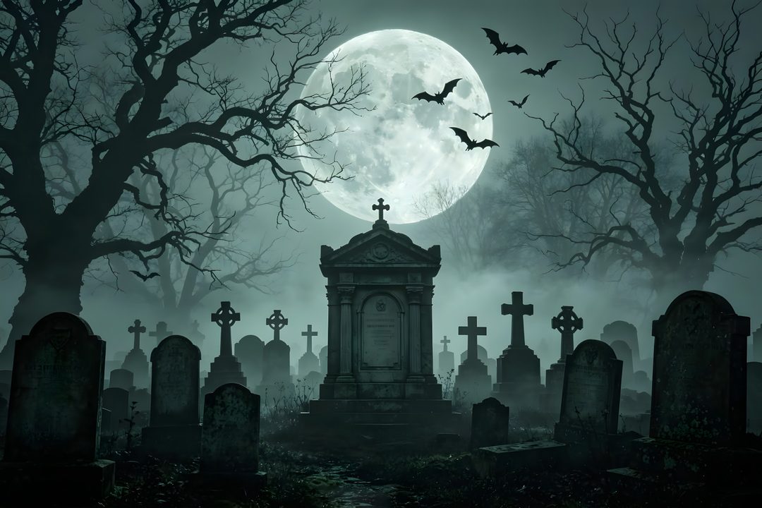 a cemetery with bats flying over it and the moon in the sky behind it, Halloween Graveyard dark slate gray