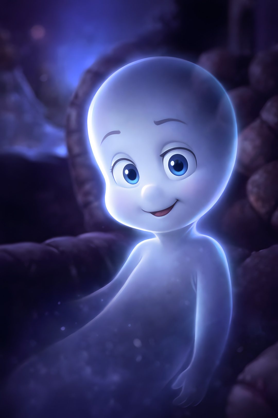 a cartoon character with blue eyes standing in the dark Casper Halloween Casper 3d, Ghost, Casper Cartoon, midnight blue