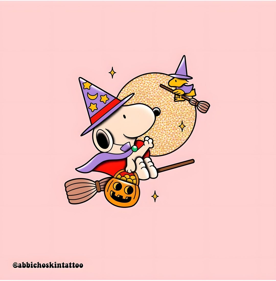 a cartoon character flying on a broom with a pumpkin in his hand and wearing a witch's hat Pink Snoopy Halloween pink
