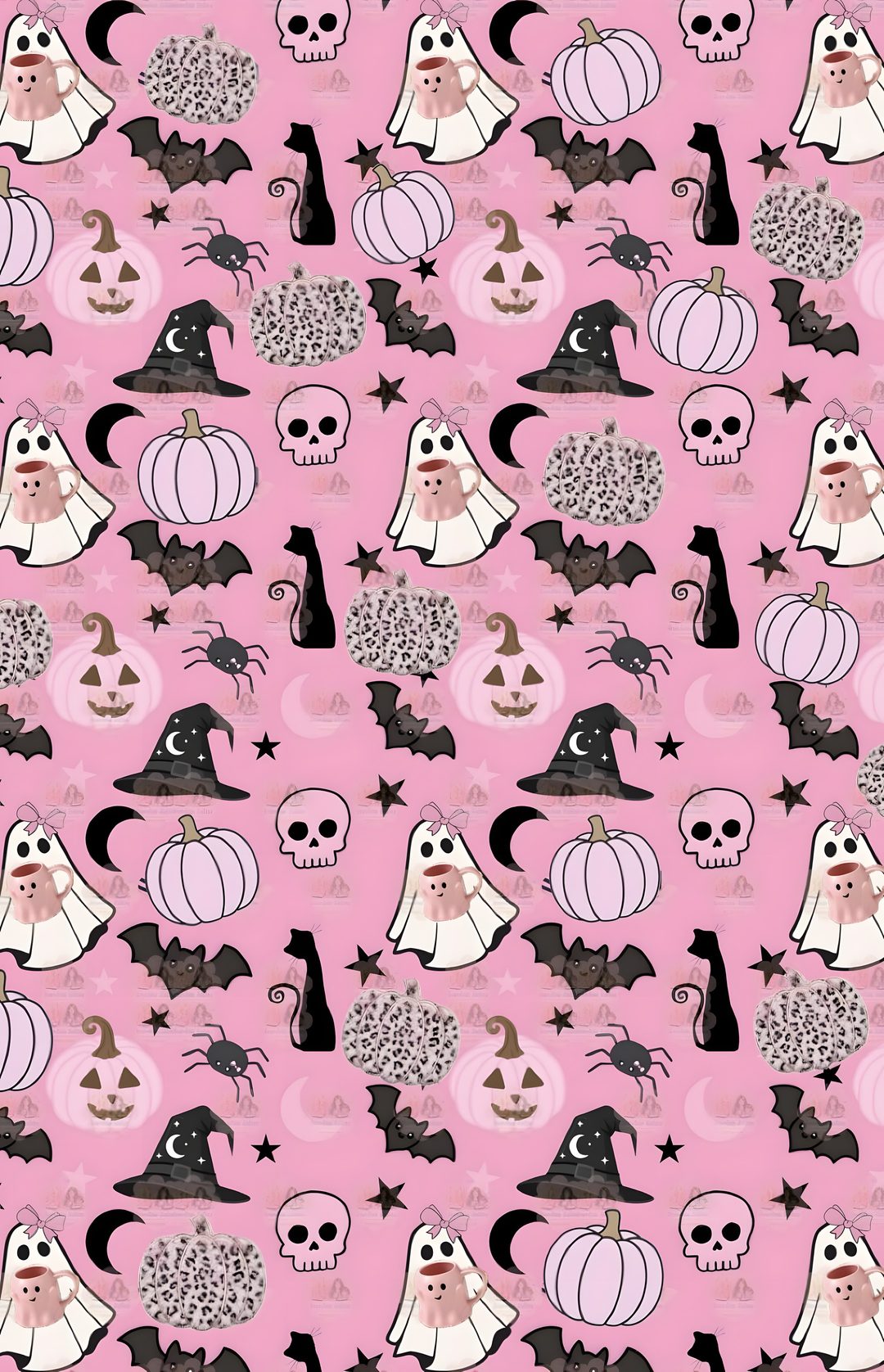 Pink cheetah print pumpkins, ghosts w. Coffee, bats, black cats & witchhats wallpaper / background Pink Halloween light pink