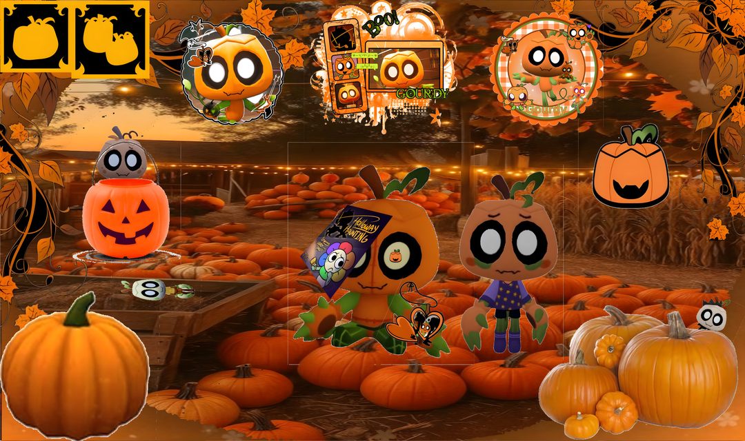 an animated halloween scene with pumpkins and jack - o'- lanternes in the background Halloween Pumpkin Brawl Custom saddle brown